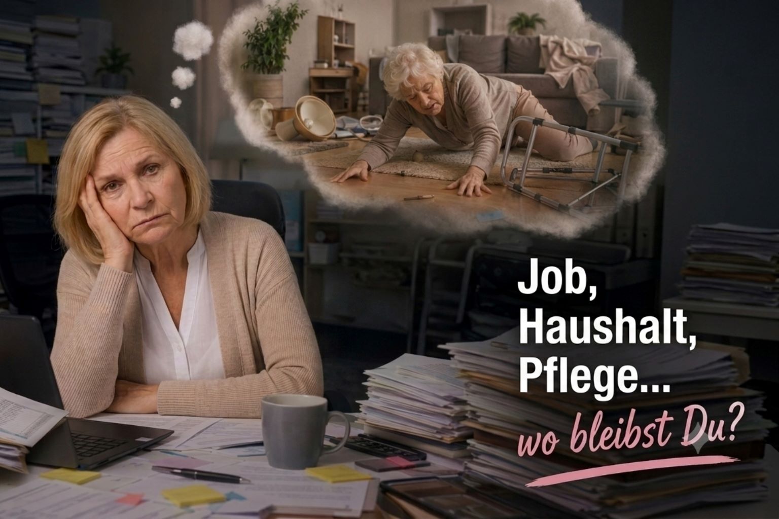 Erschöpfte Frau am Schreibtisch mit Gedanken an ihre pflegebedürftige Mutter, die zu Hause gestürzt ist