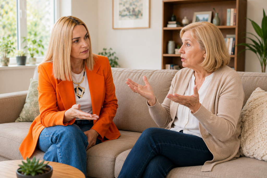 Vertreterin von Multipflege hört einer Frau aufmerksam zu, die von ihrer Pflegesituation erzählt