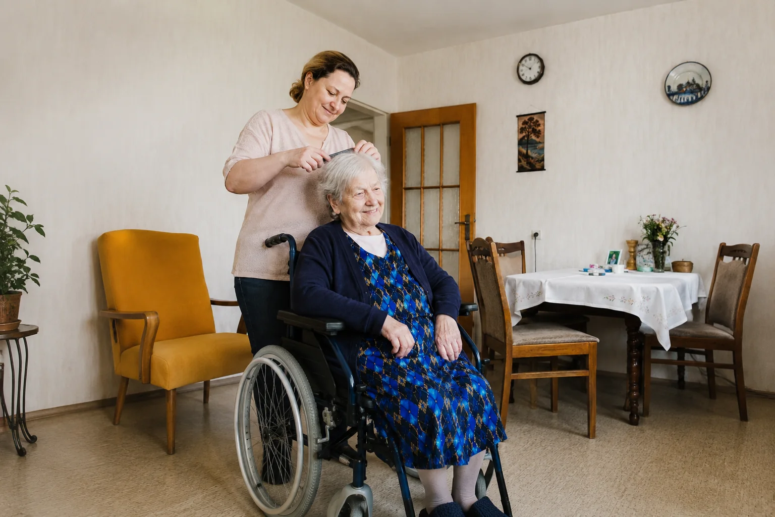 Betreuungskraft kämmt einer älteren Frau im Rollstuhl liebevoll die Haare in deren Zuhause