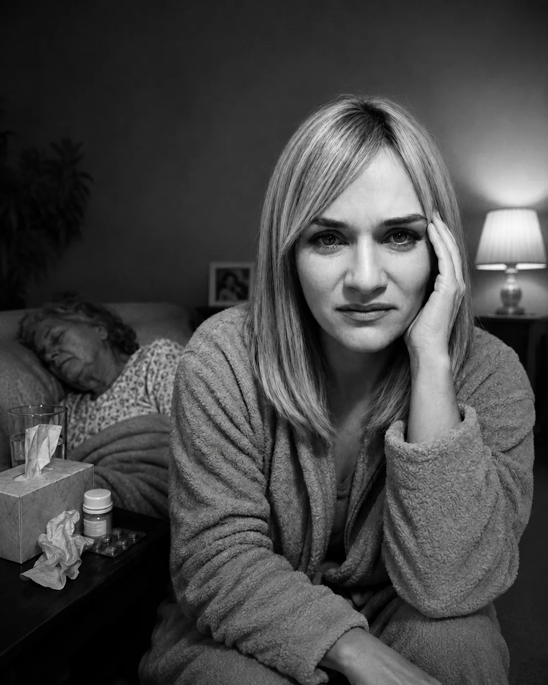 Schwarz-weißes Porträt: Monika sitzt erschöpft im Vordergrund, im Hintergrund ruht ihre pflegebedürftige Schwiegermutter